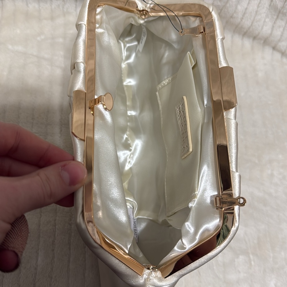 Badgley Mischka Elegant Off White Satin Clutch Floral Embellished Evening Bag - Picture 10 of 15